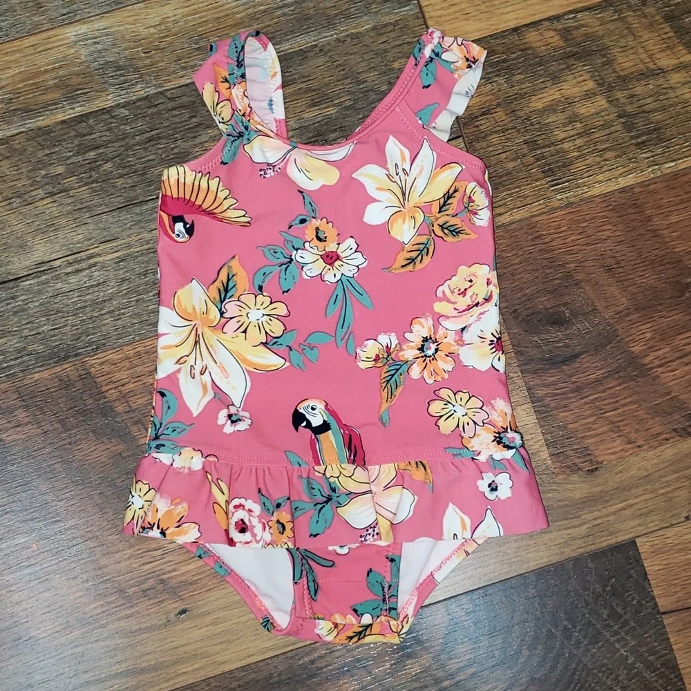 Oshkosh B'Gosh Pink Tropical Floral Parrot Print Ruffled Swimsuit, Size 9 Months